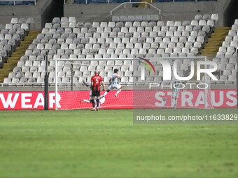 Andronikos Kakoulli of Omonoia FC scores the fourth goal for Omonoia FC in Nicosia, Cyprus, on October 3, 2024. Omonoia FC plays against Vik...