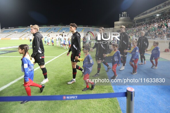 The teams enter the stadium in Nicosia, Cyprus, on October 3, 2024. Omonoia FC plays against Vikingur Reykjavik at GSP Stadium for the Leagu...