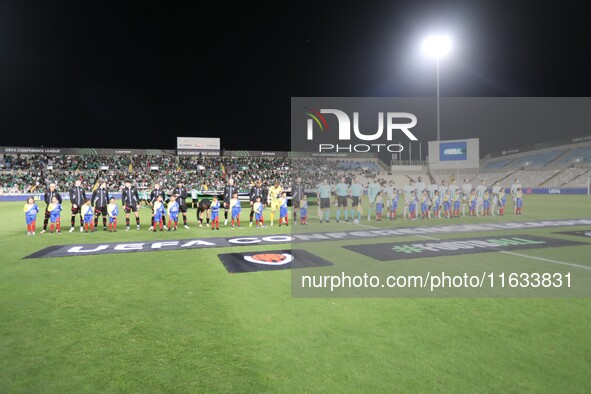 The two teams appear before the game in Nicosia, Cyprus, on October 3, 2024. Omonoia FC plays against Vikingur Reykjavik at GSP Stadium for...