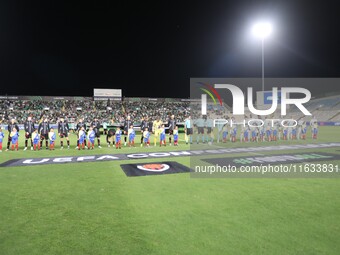 The two teams appear before the game in Nicosia, Cyprus, on October 3, 2024. Omonoia FC plays against Vikingur Reykjavik at GSP Stadium for...