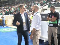 Omonoia manager Valdas Dambrauskas (L) and Vikingur Reykjavik manager Arnar Gunnlaugsson (R) are seen before the game in Nicosia, Cyprus, on...