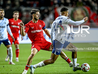 FC Twente forward Ricky van Wolfswinkel and Fenerbahce defender Jayden Oosterwolde play during the match between Twente and Fenerbahce at th...