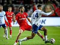 FC Twente forward Ricky van Wolfswinkel and Fenerbahce defender Jayden Oosterwolde play during the match between Twente and Fenerbahce at th...