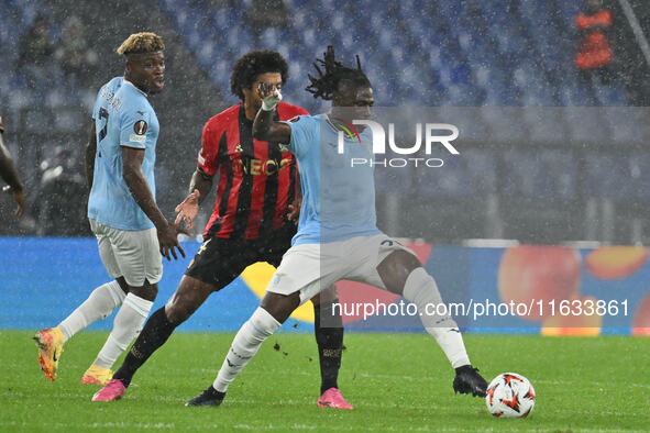 Dante of O.G.C. Nice and Loum Tchaouna of S.S. Lazio are in action during the UEFA Europa League 2024/25 League Phase MD2 match between S.S....