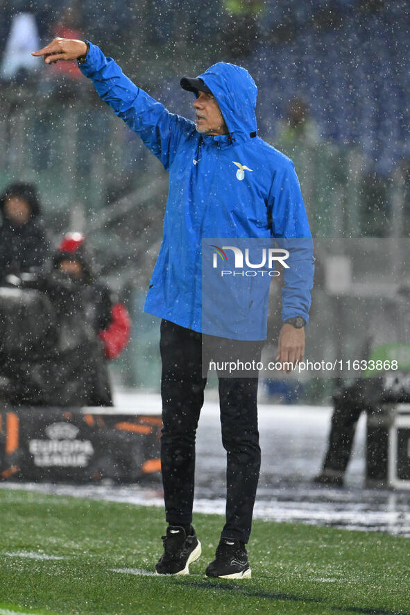 Marco Baroni coaches S.S. Lazio during the UEFA Europa League 2024/25 League Phase MD2 match between S.S. Lazio and O.G.C. Nice at Olympic S...