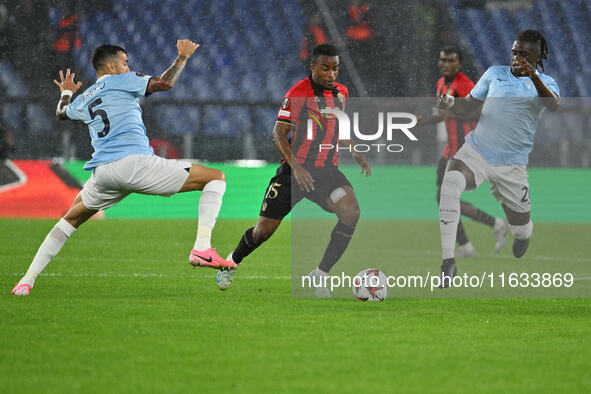 Matias Vecino of S.S. Lazio, Youssoufa Moukoko of O.G.C. Nice, and Loum Tchaouna of S.S. Lazio are in action during the UEFA Europa League 2...