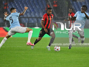 Matias Vecino of S.S. Lazio, Youssoufa Moukoko of O.G.C. Nice, and Loum Tchaouna of S.S. Lazio are in action during the UEFA Europa League 2...