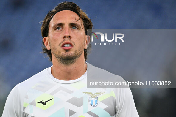 Luca Pellegrini of S.S. Lazio plays during the UEFA Europa League 2024/25 League Phase MD2 match between S.S. Lazio and O.G.C. Nice at Olymp...