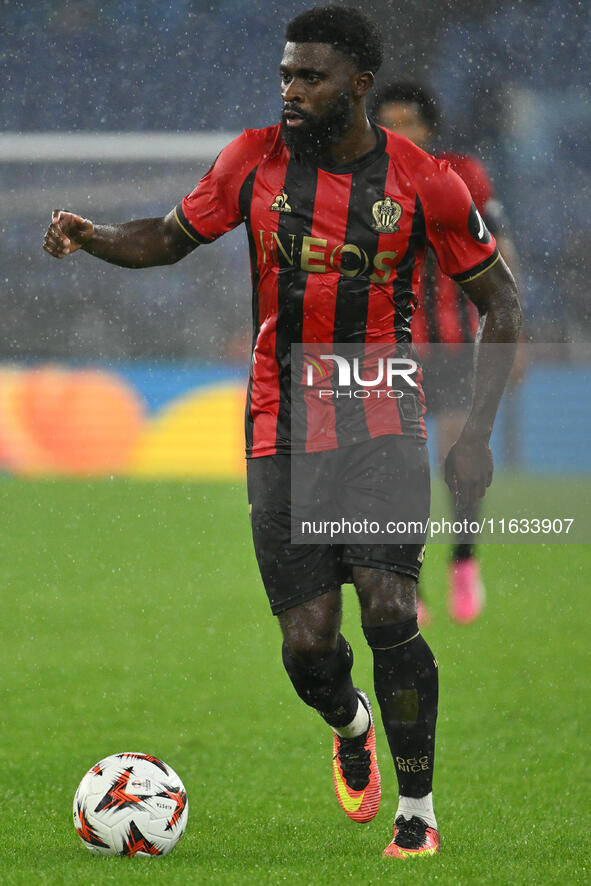 Jeremie Boga of O.G.C. Nice is in action during the UEFA Europa League 2024/25 League Phase MD2 match between S.S. Lazio and O.G.C. Nice at...