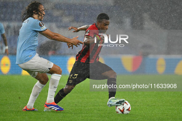 Matteo Guendouzi of S.S. Lazio and Youssoufa Moukoko of O.G.C. Nice are in action during the UEFA Europa League 2024/25 League Phase MD2 mat...