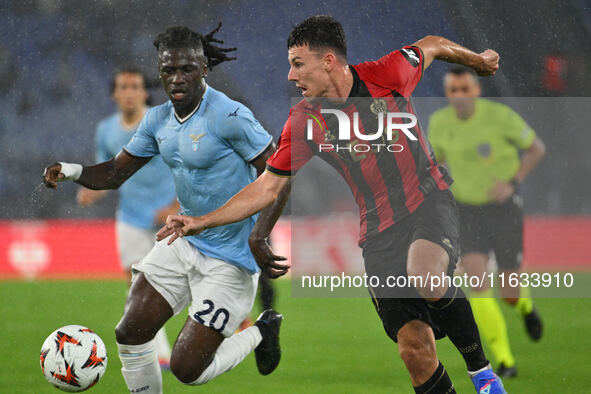 Loum Tchaouna of S.S. Lazio and Tom Louchet of O.G.C. Nice are in action during the UEFA Europa League 2024/25 League Phase MD2 match betwee...