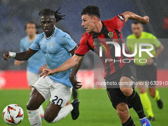 Loum Tchaouna of S.S. Lazio and Tom Louchet of O.G.C. Nice are in action during the UEFA Europa League 2024/25 League Phase MD2 match betwee...