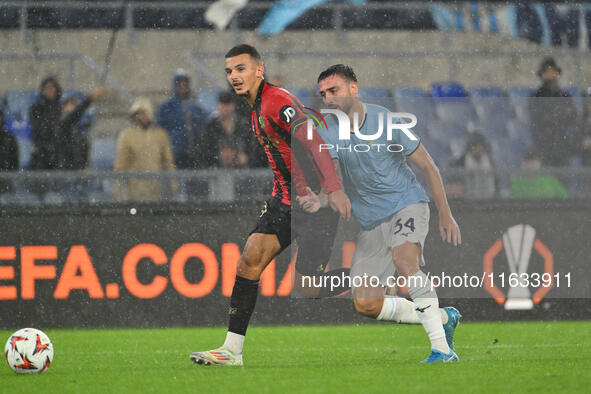 Badredine Bouanani of O.G.C. Nice and Mario Gila of S.S. Lazio are in action during the UEFA Europa League 2024/25 League Phase MD2 match be...