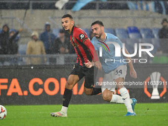 Badredine Bouanani of O.G.C. Nice and Mario Gila of S.S. Lazio are in action during the UEFA Europa League 2024/25 League Phase MD2 match be...