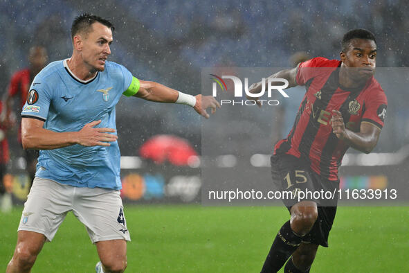 Patric of S.S. Lazio and Youssoufa Moukoko of O.G.C. Nice are in action during the UEFA Europa League 2024/25 League Phase MD2 match between...