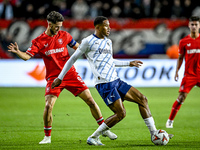 FC Twente forward Ricky van Wolfswinkel and Fenerbahce defender Jayden Oosterwolde play during the match between Twente and Fenerbahce at th...