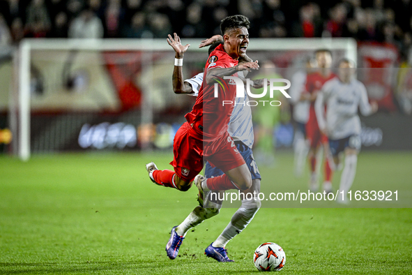 FC Twente defender Mees Hilgers and Fenerbahce midfielder Fred play during the match between Twente and Fenerbahce at the Grolsch Veste for...