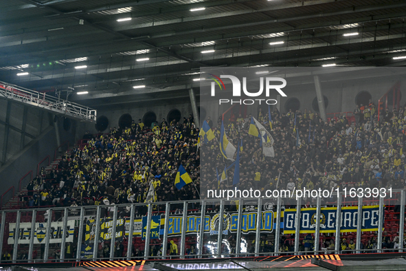 Supporters of Fenerbahce are present during the match between Twente and Fenerbahce at the Grolsch Veste for the UEFA Europa League - League...