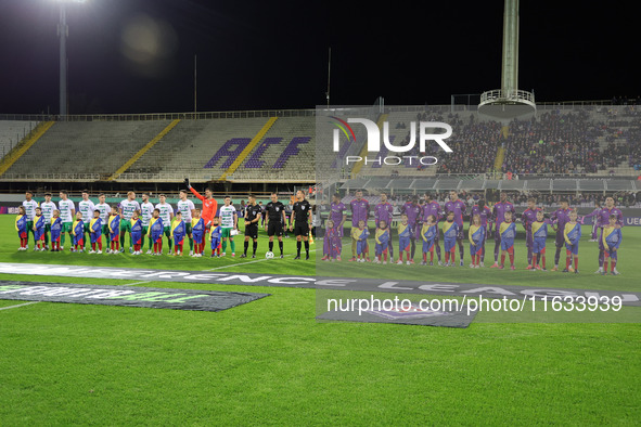 The New Saints players  and ACF Fiorentina players pose  prior to  the Conference League match between ACF Fiorentina and The New Saints, on...