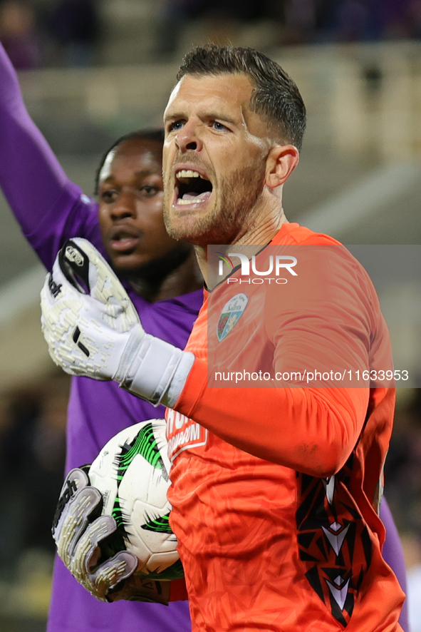 Connor Roberts of The New Saints controls the ball during   the Conference League match between ACF Fiorentina and The New Saints, on Octobe...