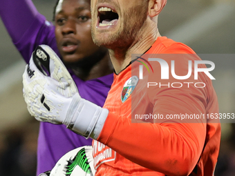 Connor Roberts of The New Saints controls the ball during   the Conference League match between ACF Fiorentina and The New Saints, on Octobe...