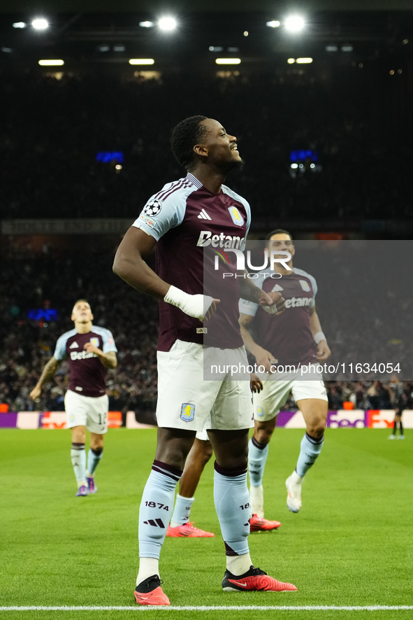 Jhon Duran centre-forward of Aston Villa and Colombia celebrates after scoring his sides first goal during the UEFA Champions League 2024/25...