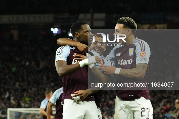 Jhon Duran centre-forward of Aston Villa and Colombia celebrates after scoring his sides first goal during the UEFA Champions League 2024/25...