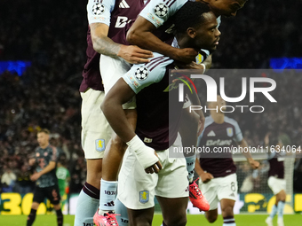 Jhon Duran centre-forward of Aston Villa and Colombia celebrates after scoring his sides first goal during the UEFA Champions League 2024/25...