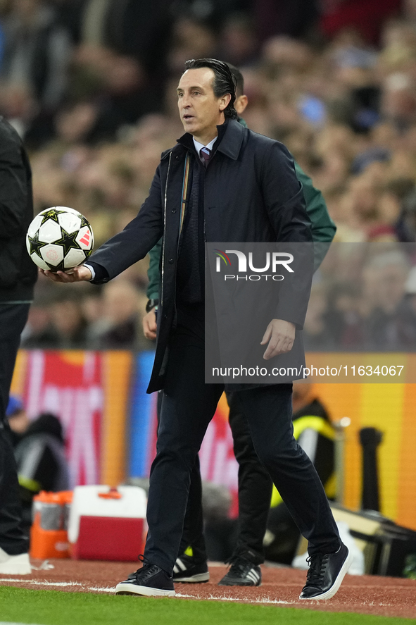 Unai Emery head coach of Aston Villa during the UEFA Champions League 2024/25 League Phase MD2 match between Aston Villa FC and FC Bayern Mu...