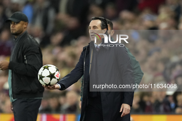 Unai Emery head coach of Aston Villa during the UEFA Champions League 2024/25 League Phase MD2 match between Aston Villa FC and FC Bayern Mu...