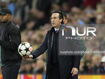 Unai Emery head coach of Aston Villa during the UEFA Champions League 2024/25 League Phase MD2 match between Aston Villa FC and FC Bayern Mu...