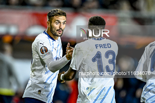 Fenerbahce forward Dusan Tadic celebrates the 1-1 goal during the match between Twente and Fenerbahce at the Grolsch Veste for the UEFA Euro...