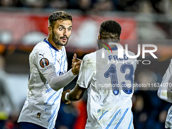 Fenerbahce forward Dusan Tadic celebrates the 1-1 goal during the match between Twente and Fenerbahce at the Grolsch Veste for the UEFA Euro...