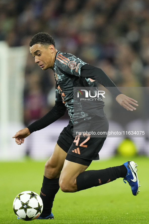 Jamal Musiala attacking midfield of Bayern Munich and Germany during the UEFA Champions League 2024/25 League Phase MD2 match between Aston...