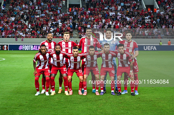 Players of Olympiacos FC stand before the Europa League Matchday 2 match between Olympiacos FC and SC Braga at Georgios Karaiskakis Stadium...