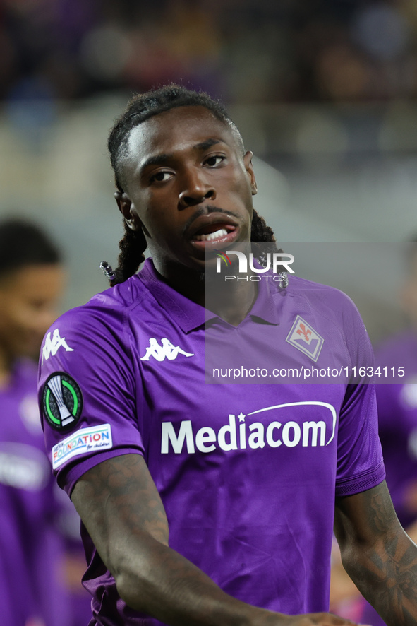 Moise Kean of ACF Fiorentina celebrates after scoring his team's goal during  the Conference League match between ACF Fiorentina and The New...