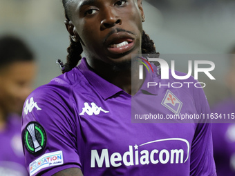 Moise Kean of ACF Fiorentina celebrates after scoring his team's goal during  the Conference League match between ACF Fiorentina and The New...