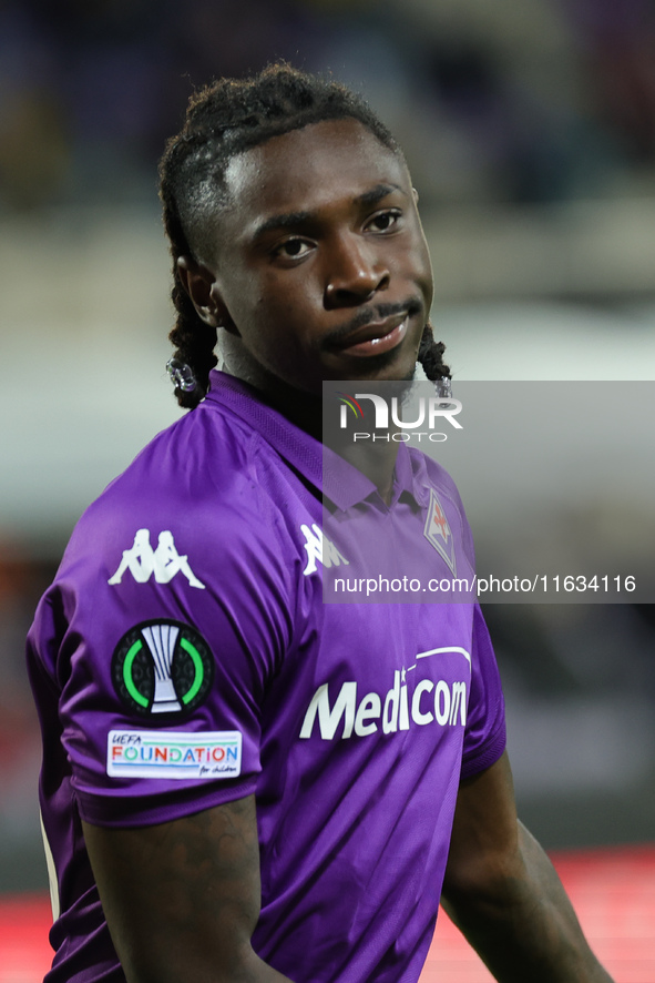 Moise Kean of ACF Fiorentina celebrates after scoring his team's goal during  the Conference League match between ACF Fiorentina and The New...