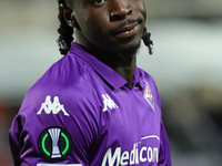 Moise Kean of ACF Fiorentina celebrates after scoring his team's goal during  the Conference League match between ACF Fiorentina and The New...