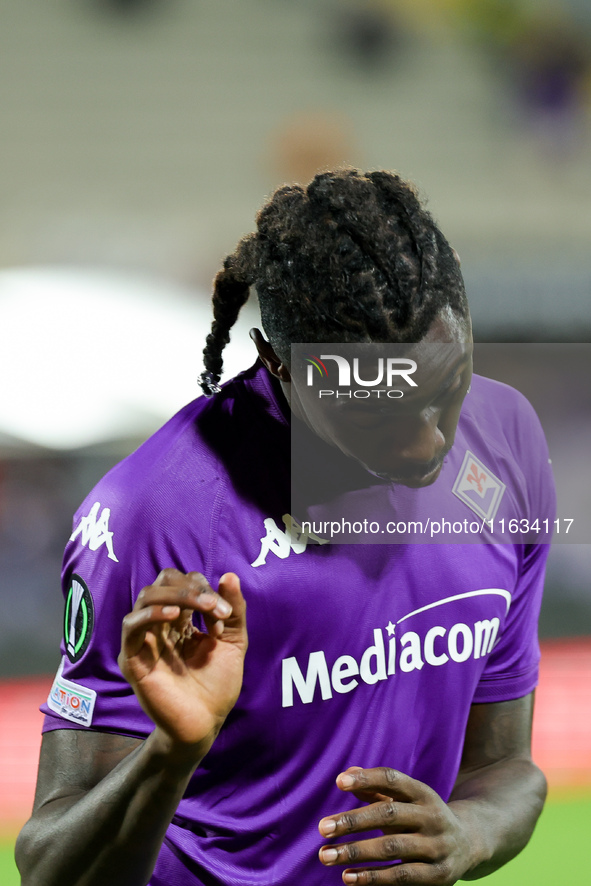 Moise Kean of ACF Fiorentina celebrates after scoring his team's goal during  the Conference League match between ACF Fiorentina and The New...