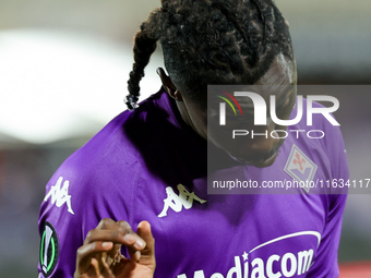 Moise Kean of ACF Fiorentina celebrates after scoring his team's goal during  the Conference League match between ACF Fiorentina and The New...