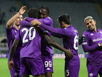 Moise Kean of ACF Fiorentina celebrates with teammates after scoring  goal during  the Conference League match between ACF Fiorentina and Th...