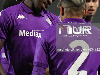 Moise Kean of ACF Fiorentina celebrates with teammates after scoring  goal during  the Conference League match between ACF Fiorentina and Th...