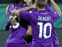 Yacine Adli of ACF Fiorentina celebrates with teammates after scoring  goal during  the Conference League match between ACF Fiorentina and T...