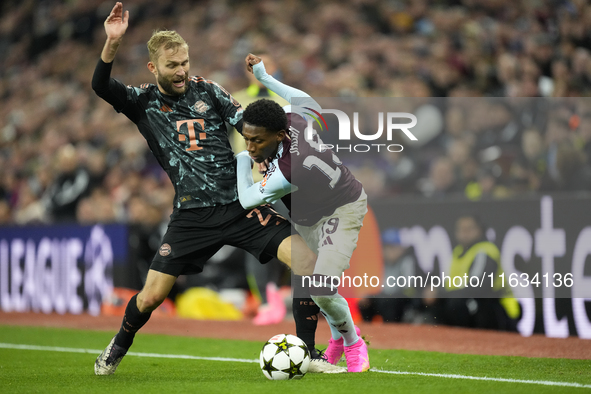 Jaden Philogene left winger of Aston Villa and England and Konrad Laimer central midfield of Bayern Munich and Austria compete for the ball...