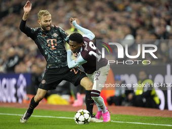 Jaden Philogene left winger of Aston Villa and England and Konrad Laimer central midfield of Bayern Munich and Austria compete for the ball...