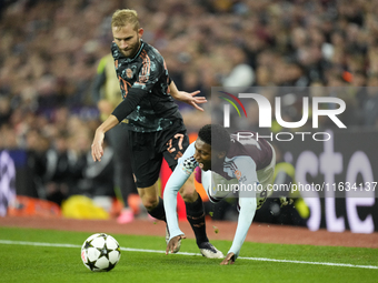 Jaden Philogene left winger of Aston Villa and England and Konrad Laimer central midfield of Bayern Munich and Austria compete for the ball...