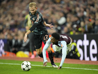 Jaden Philogene left winger of Aston Villa and England and Konrad Laimer central midfield of Bayern Munich and Austria compete for the ball...