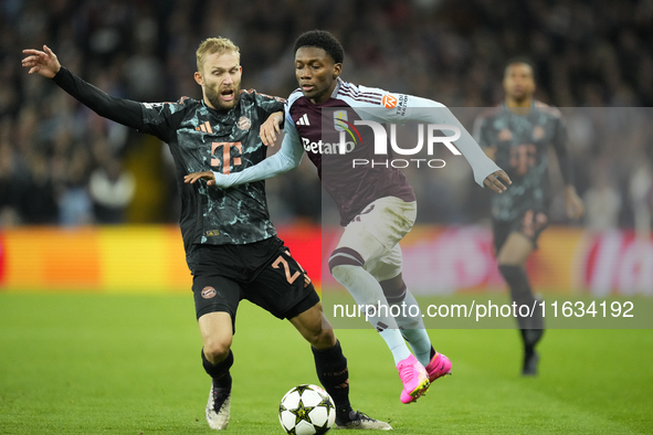 Jaden Philogene left winger of Aston Villa and England and Konrad Laimer central midfield of Bayern Munich and Austria compete for the ball...