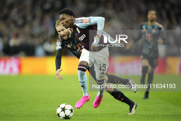 Jaden Philogene left winger of Aston Villa and England and Konrad Laimer central midfield of Bayern Munich and Austria compete for the ball...